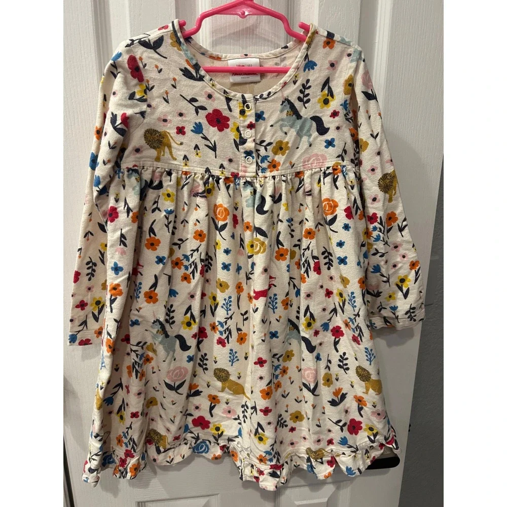 Hanna Andersson Girls Floral Unicorn Lion Long Sleeve Dress Cream 110 US 5 k7004